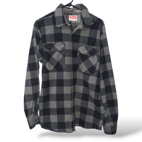 Wrangler SZ M Button Up Shirt Polar Fleece Shacket Buffalo Check Black Western - Picture 1 of 6